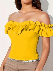 Elegant yellow off-shoulder top for women featuring ribbed fabric and ruffled neckline decor