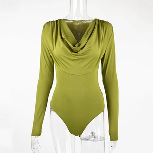 Close-up of olive green cowl neck bodysuit featuring elegant draped front and long sleeves