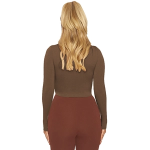 Slim fit brown long sleeve top for women with high neck design and knit texture