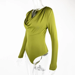 Detail view of the elegant cowl neck and textured fabric on this green slim bodysuit