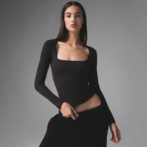T-Shirt da Donna Sexy Con Scollo Quadrato Slim Fit Manica Lunga Tinta Unita Poliestere Spandex Elastico Casual Top Corto