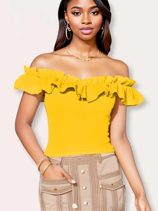 Elegant bright yellow off-the-shoulder top with layered ruffles and slim fit for women