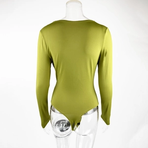 Back view of olive green slim fit bodysuit with U-shaped neckline on transparent mannequin