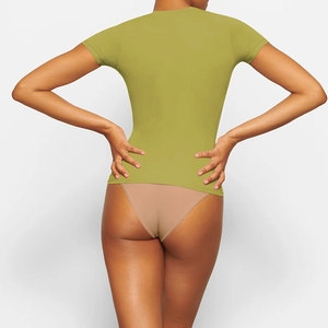 Rear view of tight-fitting olive green short sleeve T-shirt with premium stretch fabric