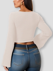Sexy slim square neck ribbed knit long sleeve crop top in white shown from the back
