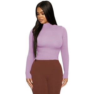 Detail of light purple mock neck top showing the ribbed texture and slim fit design