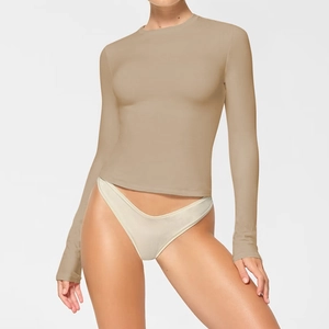 Slim fit long sleeve crew neck t-shirt in earth tone for women with premium stretch