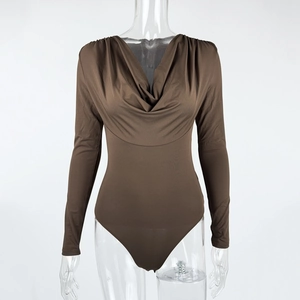 Detailed close-up of brown cowl neck bodysuit featuring elegant draped neckline folds
