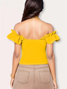 Elegant bright yellow off-shoulder rib knit top with ruffle cuffs for women