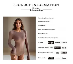 Detail view of brown long-sleeved ribbed bodysuit with material composition specifications