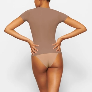 Back view of a slim fit brown short sleeve T-shirt with high elastic knit fabric