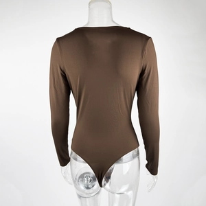 Close-up back view of dark brown slim fit bodysuit with stretchy knit fabric detail