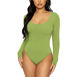 Bodysuit ajusté à manches longues et col en U vert herbe, tissu extensible pour femme