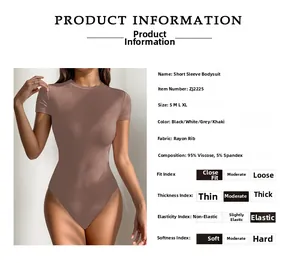 Detail view of khaki bodysuit fabric composition and size chart for summer slim fit top