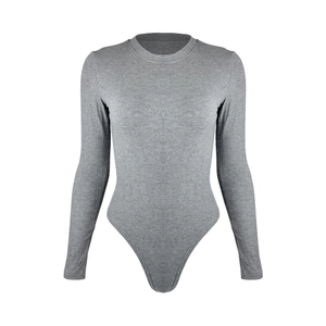 Close-up of gray long sleeve bodysuit showing the detailed ribbed knit texture and soft fabric