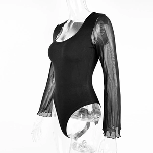 Detail view of sheer mesh sleeve with lettuce edge trim on black bodysuit for women