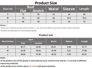 Detailed size chart for short sleeve bodysuit in S M L with cm and inches measurements