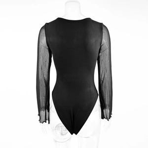 Detail of sheer mesh long sleeves with ruffle cuffs on a black U-neck bodysuit