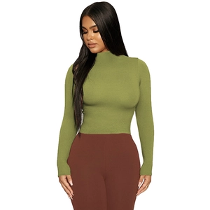 Detail of slim-fit olive green mock neck long sleeve top with fine knitted texture
