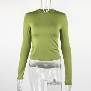 Detail view of grass green slim-fit crew neck long sleeve top on a mannequin
