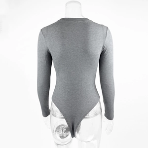 Detail showing the back of the grey ribbed long-sleeve bodysuit on a mannequin