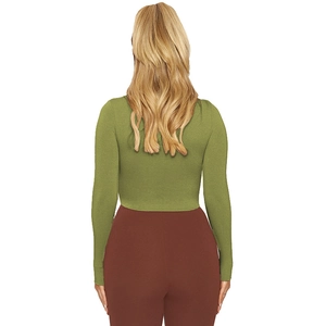 Slim fit olive green long sleeve crop top back view featuring fine knit fabric