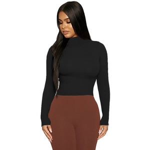 Front view of women's black slim-fit mock neck long sleeve top with a tight silhouette