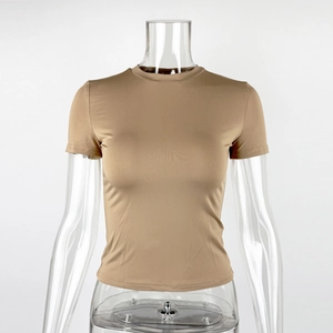 Detail view of khaki slim fit crew neck t-shirt on a transparent mannequin