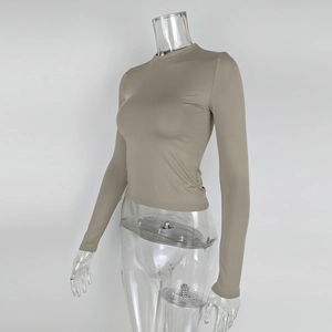 Detail of khaki slim fit long sleeve T-shirt with high elasticity smooth fabric