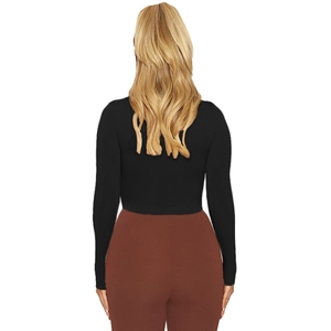 Rear view of slim fit black long sleeve top showing the tailored back and fit