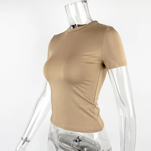 Side view of a slim-fit khaki crew neck t-shirt on a transparent mannequin