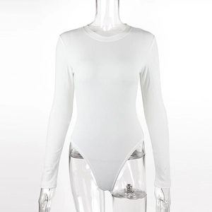 Detail of white long sleeve rib-knit bodysuit featuring crew neck and elastic texture