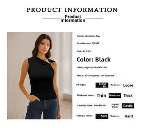 Detail of black sleeveless top featuring elegant shoulder metal ring and pleated texture
