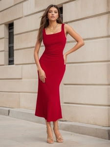 Women Sexy Red Square Neck Sleeveless Midi Dress Ruched Slim Fit Ribbed Knit Bodycon Summer Club Party Dress