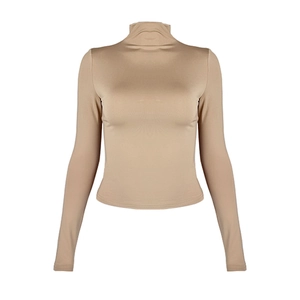 Slim fit khaki turtleneck long sleeve top with seamless 3D mock neck design for women
