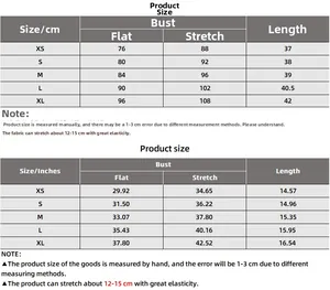 Detailed size chart with XS-XL measurements for ink print crop top in CM and Inches