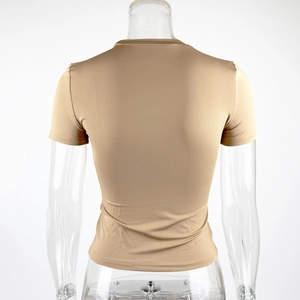 Rear view of a slim fit short sleeve crew neck T-shirt in light camel stretch fabric
