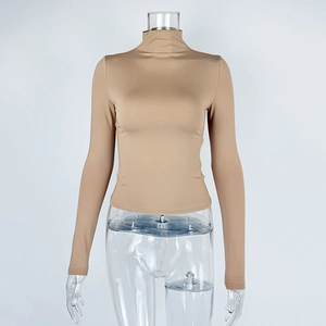 Close-up of khaki slim fit mock neck long sleeve top with soft elastic texture