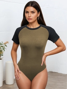 Women's Summer Colorblock Bodysuit Short Sleeve Round Neck Ribbed Knit Slim Fit Streetwear Jumpsuit Top