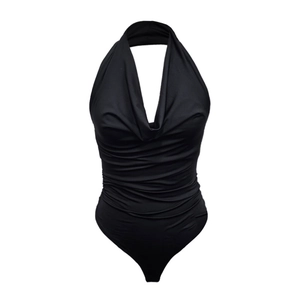 Detail of ruched black cowl neck bodysuit with elegant halter neck design and slim fit