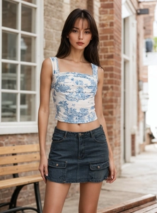 Retro Toile De Jouy Print Crop Top Women Sleeveless Square Neck Tank French Vintage Landscape Printed Slim Summer Vest