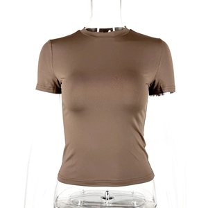 Detailed view of brown slim fit short sleeve T-shirt with premium stretch knit fabric