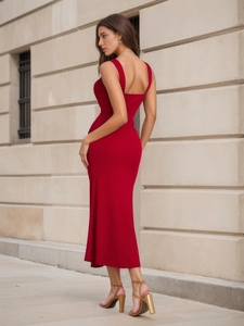 Elegant dark red sleeveless midi dress with slim fit and rib-knit texture for women