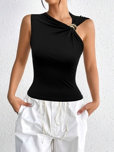 Sleeveless black tank top with asymmetric metal ring shoulder detail on white backdrop