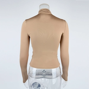Back view of a beige mock neck long sleeve slim fit top on a transparent mannequin