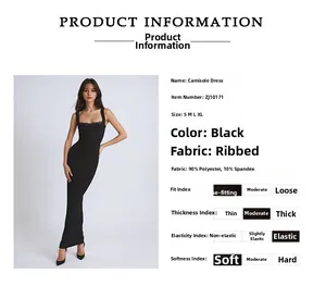 Detailed fabric composition showing 90% polyester and 10% spandex on black ribbed maxi dress