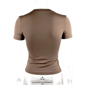 Detailed back view of a slim-fit brown short-sleeve T-shirt with high elasticity fabric
