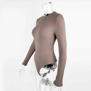 Close-up of coffee brown ribbed knit fabric on a slim-fit crewneck long sleeve bodysuit