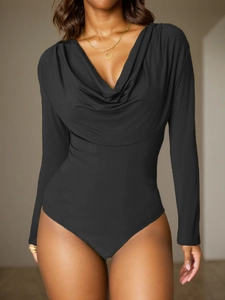 Elegant black long sleeve bodysuit with drape neck and slim fit design for women