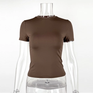 Close-up of brown slim-fit short-sleeved t-shirt with textured stretch fabric detail